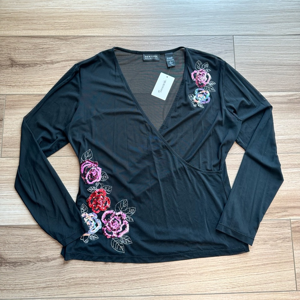 Vintage Y2K Fairy New York & Company Black Mesh Wrap Blouse with Pink Sequins - Picture 4 of 13